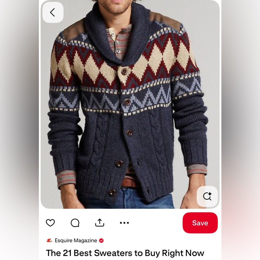 Men's lambs wool Nordic Patterned Shawl Collar Sweater
